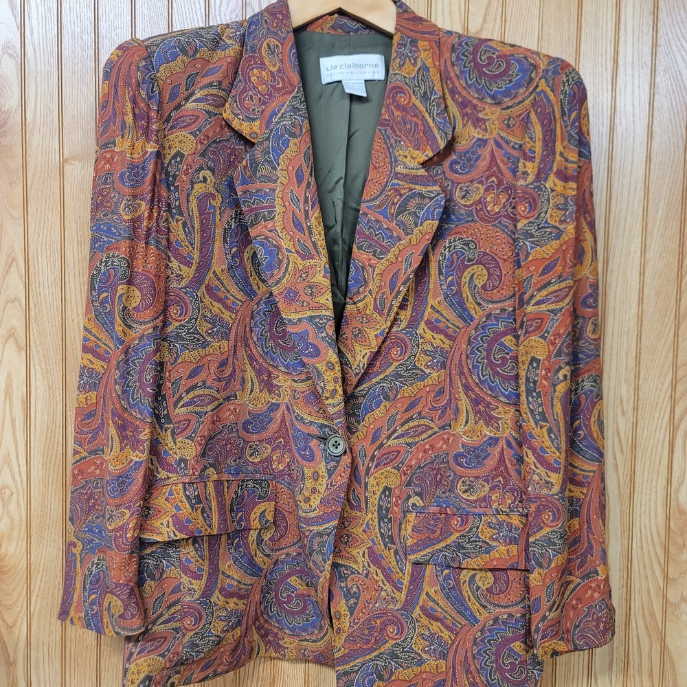Vintage Style 90s Paisley Boho Blazer Rayon Earthtones Professional Size 6P